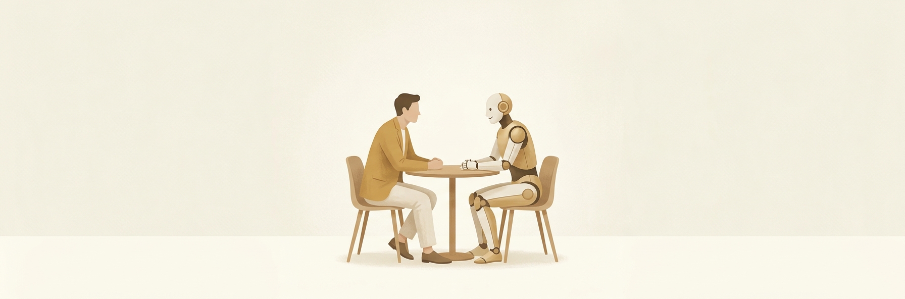 En människa och en vänlig AI-robot i samtal vid ett bord