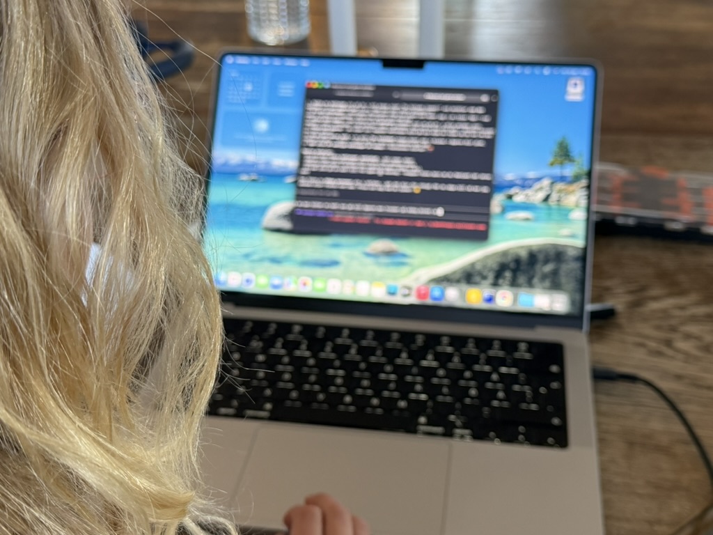 Magnus dotter vid datorn och ett öppet terminalfönster