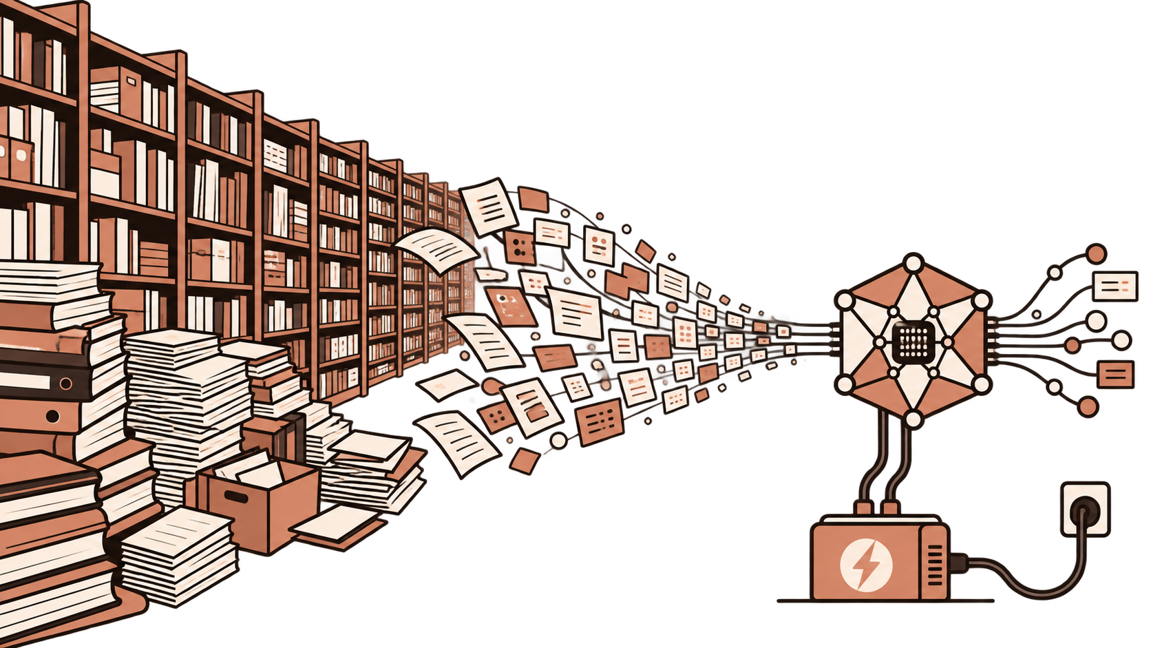 Ett enormt bibliotek av data och elektrisk energi matas in i en språkmodell